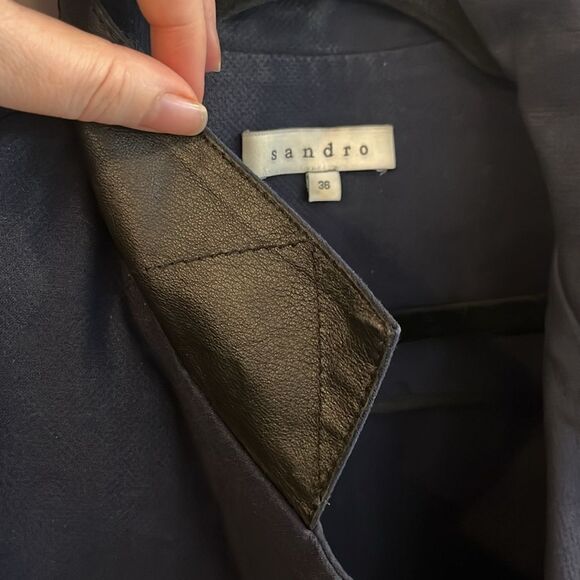 Sandro dark navy cotton blazer with black leather accents - Picture 3 of 6